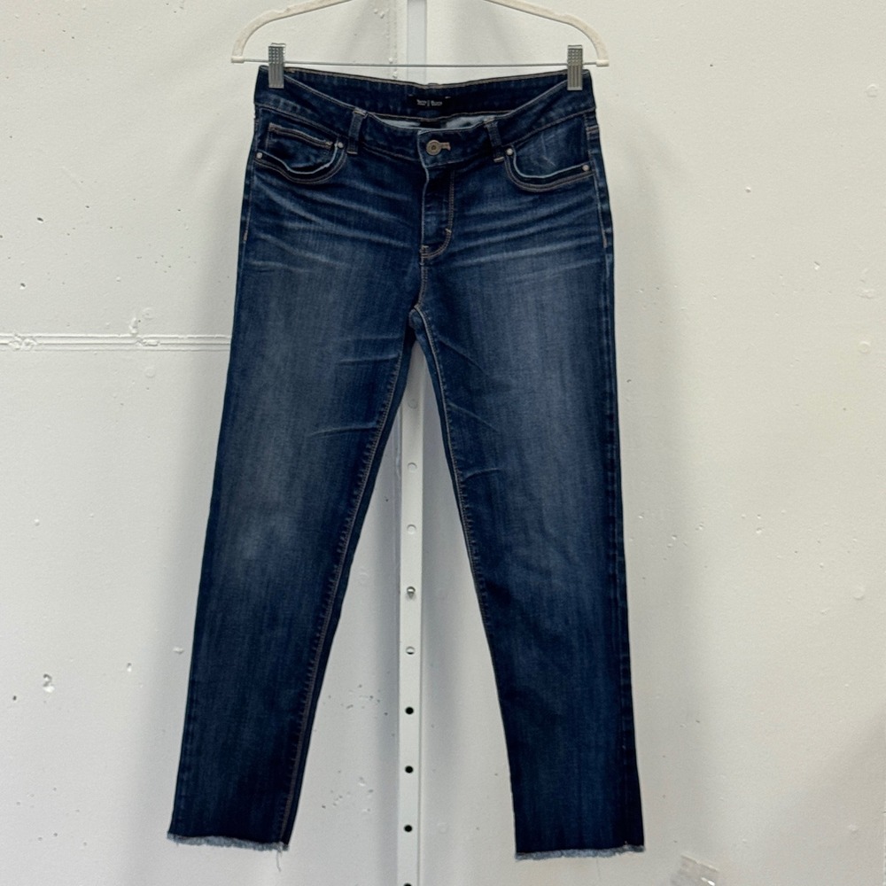 White House Black Market Slim Crop Jeans Dark Wash Raw Hem Size 6 Stretch Casual